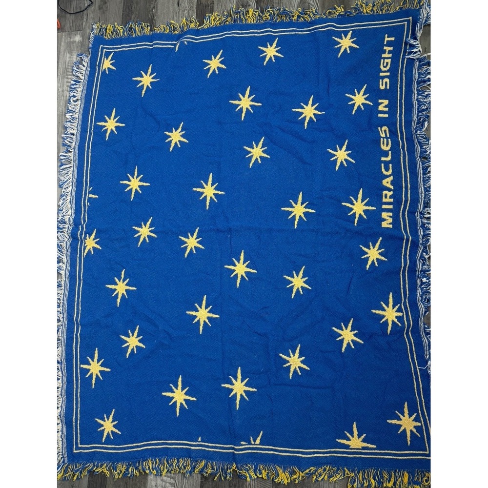 Miracles In Sight Celestial Woven Star Tapestry Throw Blanket Blue Yellow Fringe
